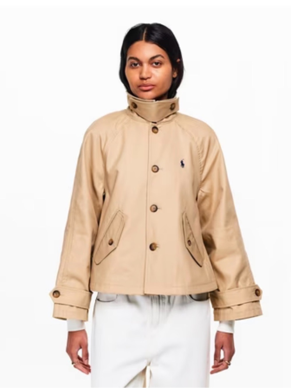 Ralph Lauren Short Khaki Trench Jacket with Stand Collar